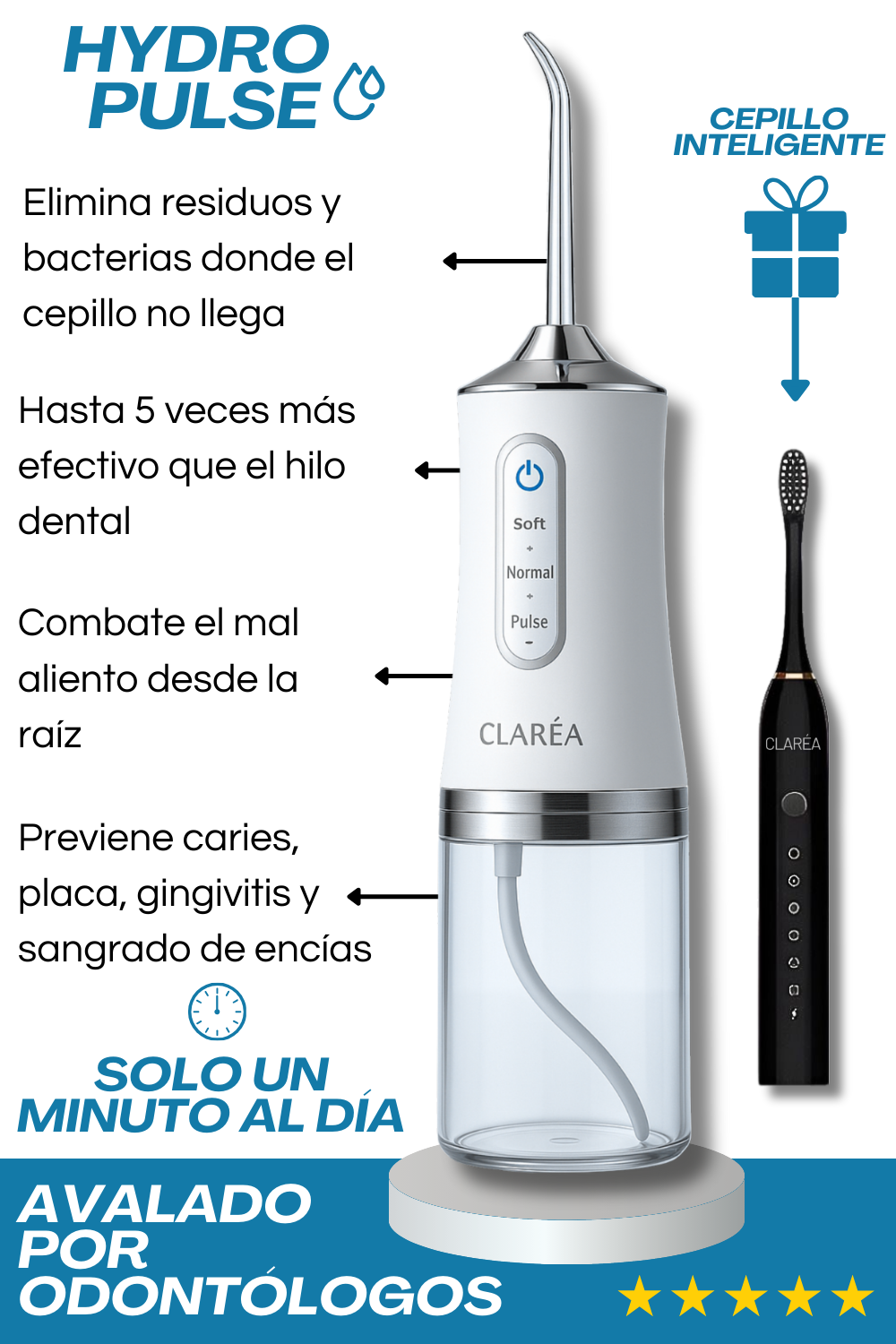 HYDRO PULSE (DUCHA DENTAL) + CEPILLO ULTRASÓNICO (6 MODOS) INTELIGENTE DE REGALO 🎁